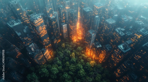 Bird's-eye view of a high-tech city, with transparent skyscrapers and holographic trees, blending nature and technology, Futuristic, Cool tones, 3D rendering, Dawn lighting