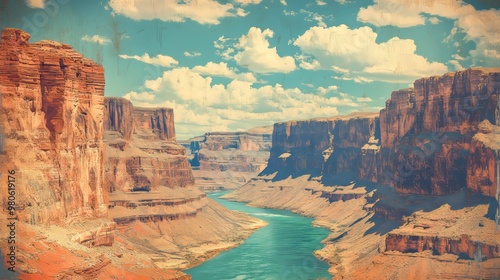Grand Canyon landscape, with the Colorado River slicing through, in vintage postcard style, faded colors and grainy texture, reminiscent of 1950s travel art, Vintage, Illustration