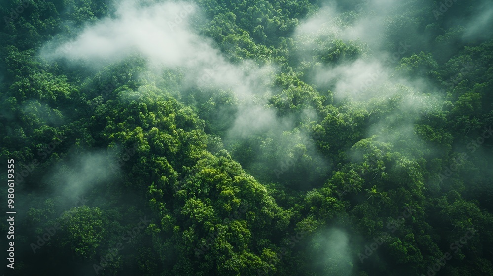 Tropical rainforest from above, swirling clouds of mist, lush foliage in bright greens, contrasted with shadowy areas, Cinematic, 4K HDR, Realistic, Subtle Vignette Effect Tropical rainforest from above, swirling clouds of mist, lush foliage in bright greens, contrasted with shadowy areas, Cinematic, 4K HDR, Realistic, Subtle Vignette Effect