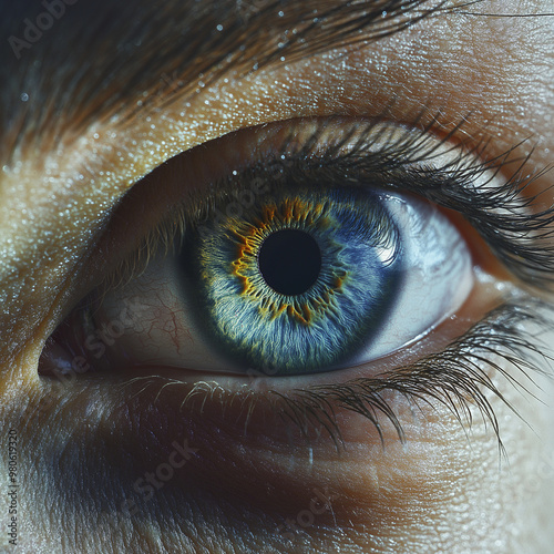 Close-up of a human eye with vibrant blue and yellow iris detail, showing intricate patterns and textures. Ideal for concepts of vision, technology, or medical themes.