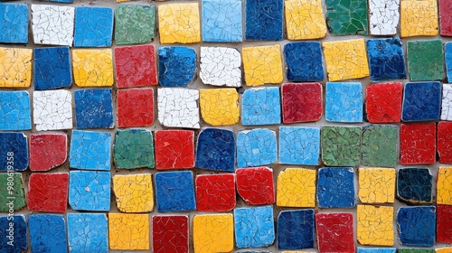 Vibrant mosaic wall showcasing colorful tiles in various shapes and patterns