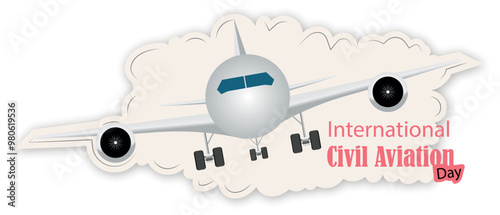 Commercial airplane taking off with International Civil Aviation Day text