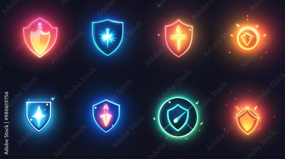 Colorful Neon Shield Icons Set for Gaming and Design