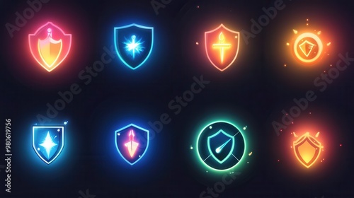 Obraz na płótnie Colorful Neon Shield Icons Set for Gaming and Design w salonie