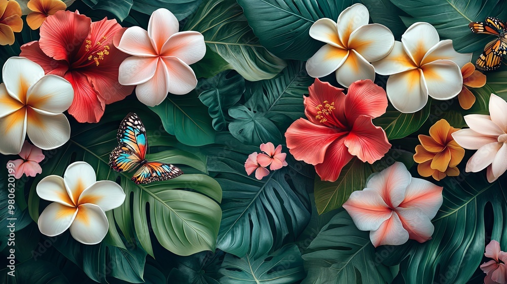 custom made wallpaper toronto digitalFloral seamless pattern with tropical flowers bouquets, plumeria