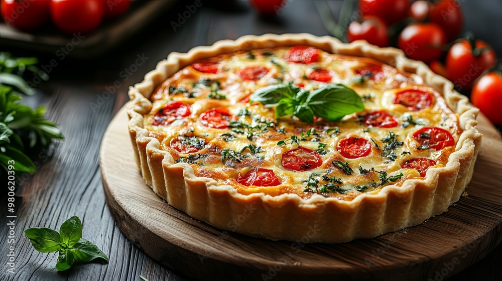 French quiche with vegetables on wooden table French quiche with vegetables on wooden table