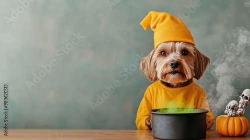 Cute dog dressed as a witch, sitting next to Halloween pumpkins and spooky decorations, in a festive home setting photo