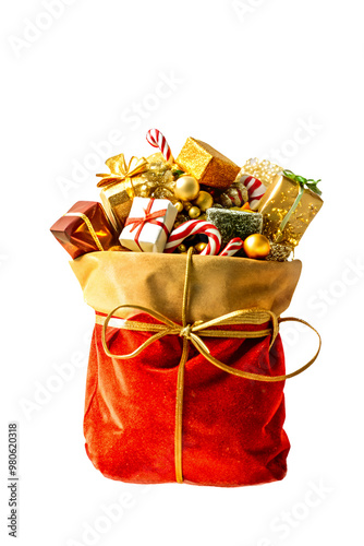 Santa Claus red bag full of gifts , transparent background
