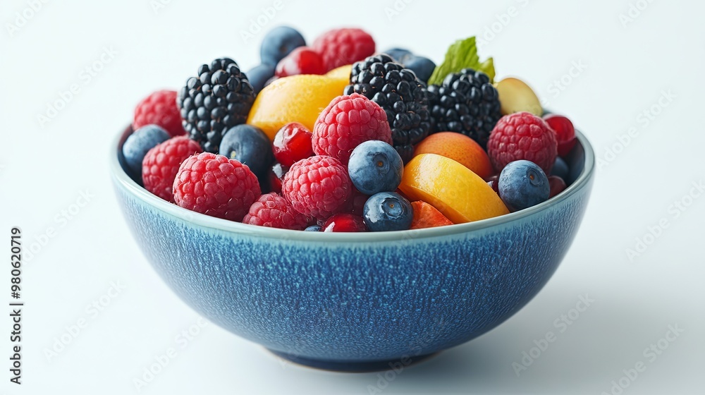Fruit salad in a blue bowl isolated on white background Fruit salad in a blue bowl isolated on white background