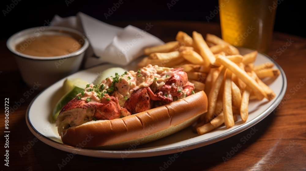 A lobster roll with french fries and a cup of sauce on a plate A lobster roll with french fries and a cup of sauce on a plate