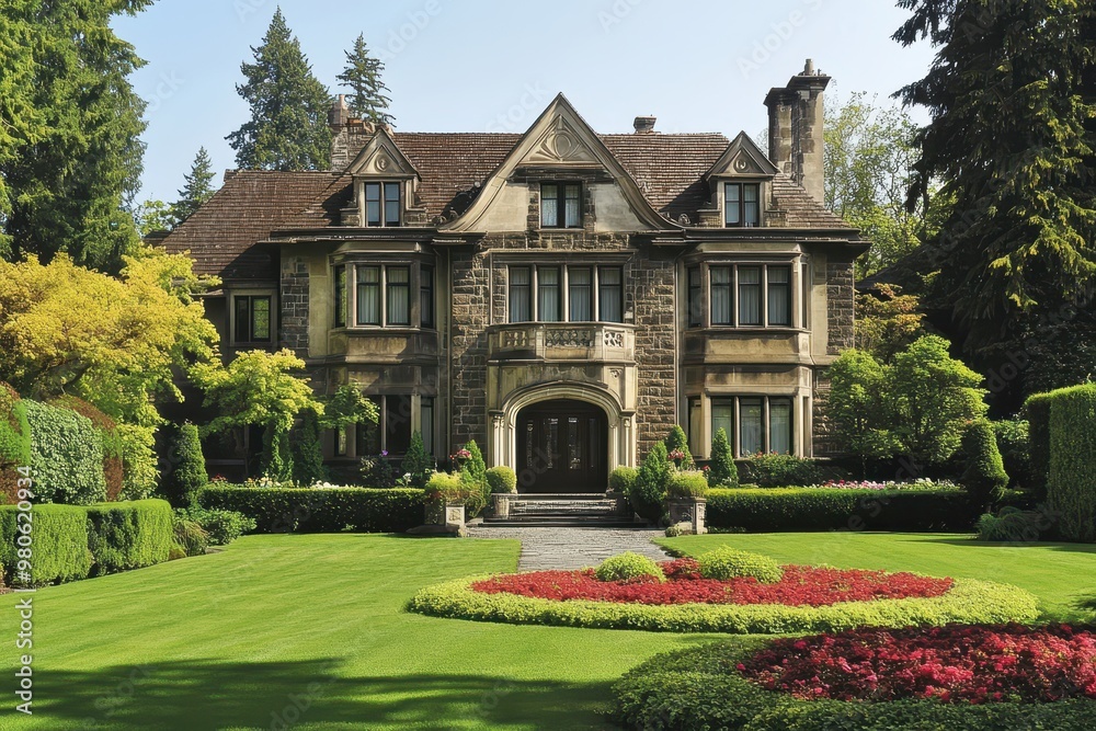 Obraz premium A grand mansion surrounded by lush gardens and vibrant flower beds.