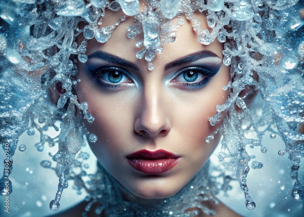 Intricately arranged water droplets form a delicate ice sculpture around a woman's face, capturing the essence of frosty beauty in a mesmerizing, artistic close-up portrait. Intricately arranged water droplets form a delicate ice sculpture around a woman's face, capturing the essence of frosty beauty in a mesmerizing, artistic close-up portrait.