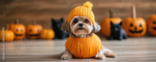 Cute dog in a vampire costume and a kitten in a witch s hat, surrounded by seasonal Halloween decor like pumpkins, hay bales, and autumn leaves photo