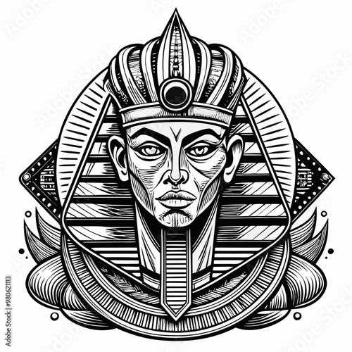 Intricate Pharaoh Illustration Monochrome Egyptian Artwork with Geometric Patterns