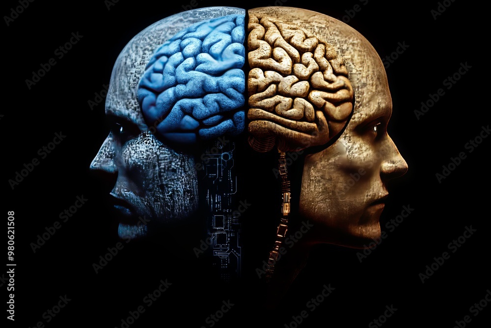 Two human heads in profile one with a split brain in blue and red symbolizing the division of cognition between creativity and logic in an abstract technological environment Two human heads in profile one with a split brain in blue and red symbolizing the division of cognition between creativity and logic in an abstract technological environment