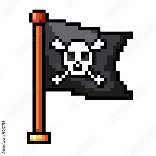 Pixel Art Skull and Crossbones Pirate Flag on Pole