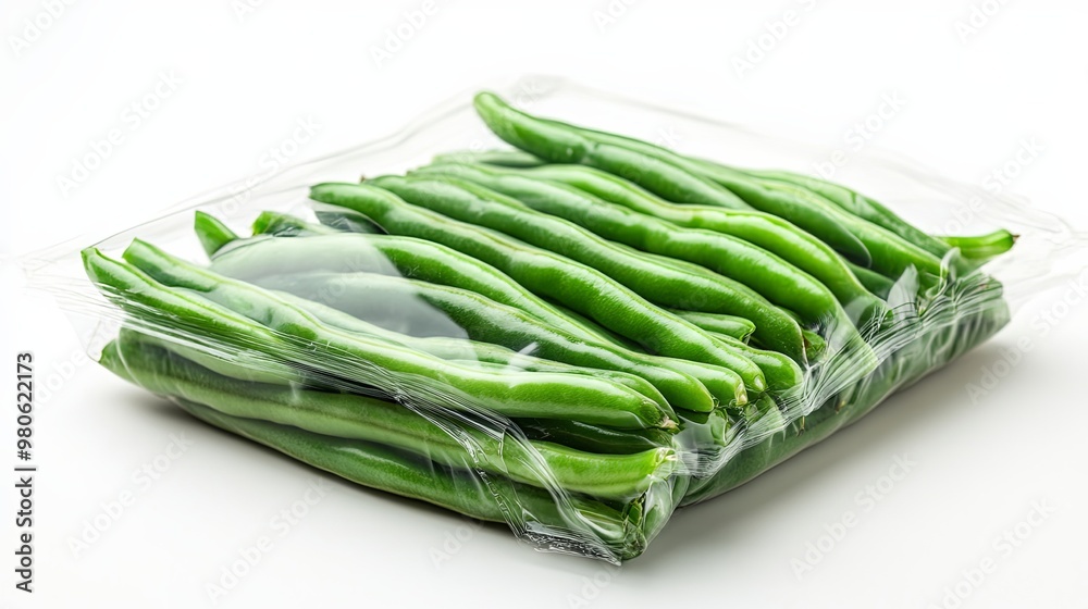 Green beans packaged in plastic isolated on white