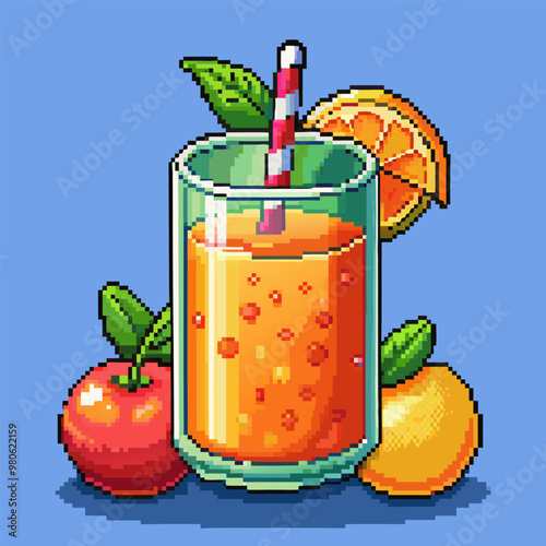 Vibrant Pixel Art of Refreshing Orange Juice with Fruit Accents