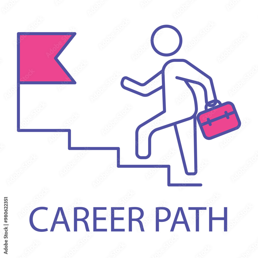 Vector icon for career path. A person climbing steps towards a flag, representing career progression, growth, and professional goals in monoline style. Vector icon for career path. A person climbing steps towards a flag, representing career progression, growth, and professional goals in monoline style.