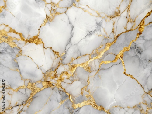 Luxurious white marble stone texture featuring intricate golden and gray veins, evoking sophistication and elegance, perfect for design backgrounds and luxurious themed visuals.