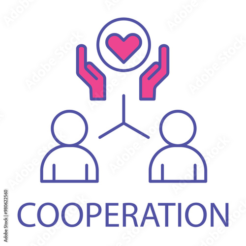 Vector icon for cooperation. Three people with hearts, representing teamwork, mutual support, and collaborative effort in monoline style.