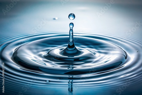 Macro shot of a single water droplet splashing into a pool of calm water, creating a mesmerizing circular ripple effect against a pure white background.