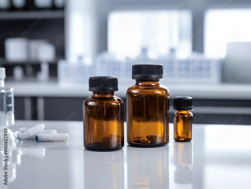 Amber glass bottles with black caps on a white countertop in a lab setting. Amber glass bottles with black caps on a white countertop in a lab setting.