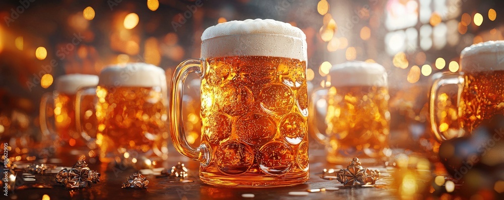 Table covered with freshly poured beer mugs at an October festival, each mug filled with golden beer and topped with a generous layer of foam, set against a backdrop of vibrant decorations and Table covered with freshly poured beer mugs at an October festival, each mug filled with golden beer and topped with a generous layer of foam, set against a backdrop of vibrant decorations and