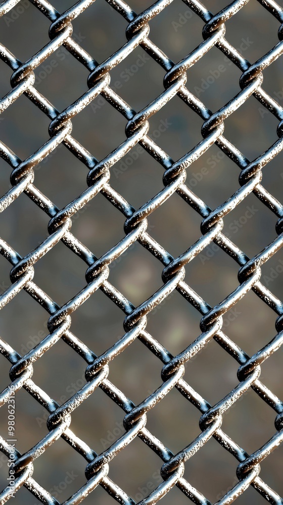 Fototapeta premium Intricate patterns of metallic chain link fencing shimmering under soft daylight