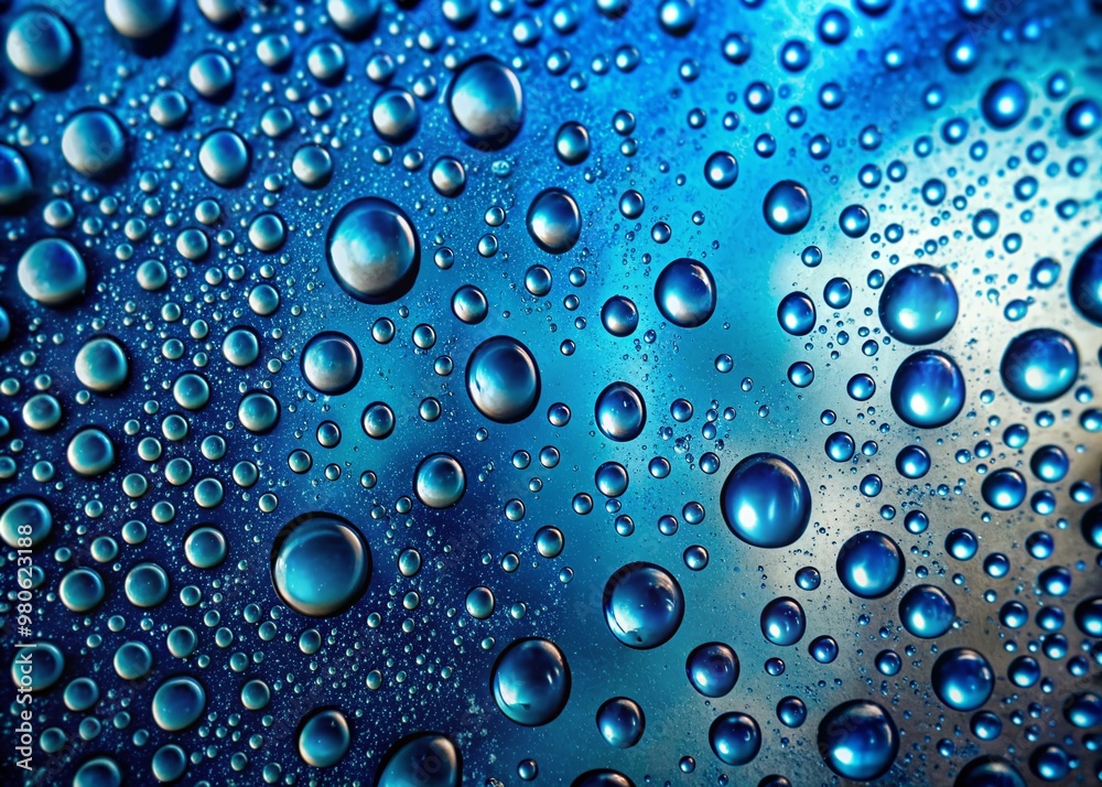 Water or oil drops on glass surface in blue colors. Dropslet close up.