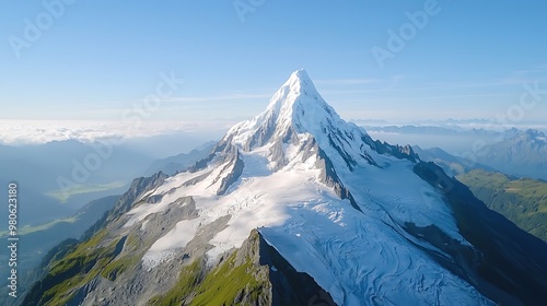 A majestic aerial view of a snow-capped mountain peak, with a vast expanse of pristine glaciers and alpine meadows stretching towards the horizon. The depth of field captures the grandeur and