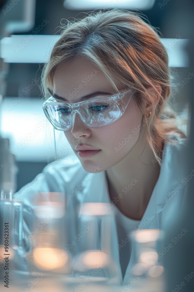 A focused scientist in a laboratory, wearing protective glasses and working diligently with glassware and experiments. A focused scientist in a laboratory, wearing protective glasses and working diligently with glassware and experiments.