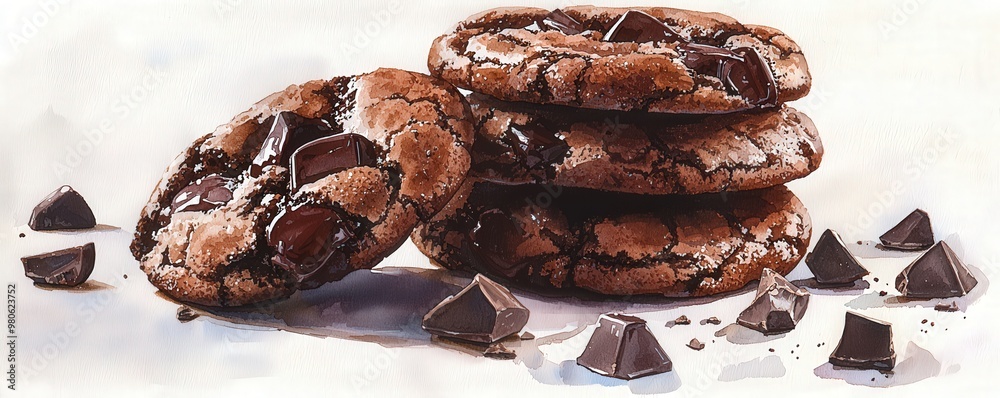 Obraz premium Close-up of indulgent chocolate cookies with a slightly crisp exterior and gooey, molten chocolate centers, showcasing the glossy chocolate chunks and the rich, inviting texture that promises a