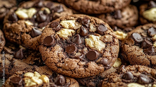 An enticing close-up of chocolate cookies, featuring a surface covered with melting chocolate chips and a slight dusting of powdered cocoa, capturing the inviting, rich texture and warm, sweet aroma. photo