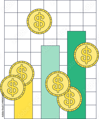 Bar chart with dollar coins symbolizing financial growth and increasing profits.