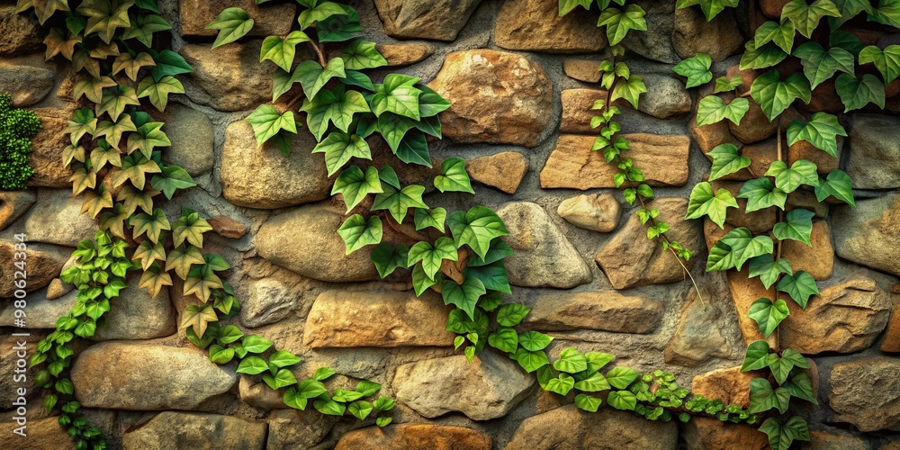 Grunge stone wall with ivy leaves. 3d rendering, Capture the medieval texture background in nature, AI Generated Grunge stone wall with ivy leaves. 3d rendering, Capture the medieval texture background in nature, AI Generated