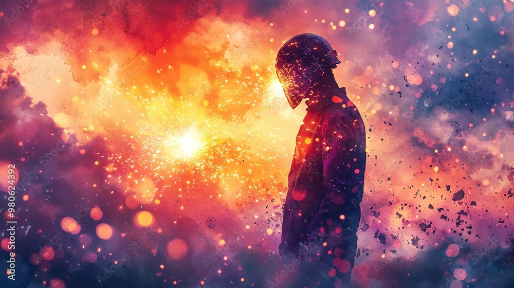 A welder’s figure framed by a stunning sunset, with vibrant hues of orange and purple in the sky and a flurry of blurred, glowing sparks from the welding torch adding an element of energy and A welder’s figure framed by a stunning sunset, with vibrant hues of orange and purple in the sky and a flurry of blurred, glowing sparks from the welding torch adding an element of energy and