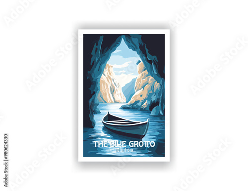 The Blue Grotto, Malta. Vintage Travel Posters. Vector art. Famous Tourist Destinations Posters Art Prints Wall Art and Print Set Abstract Travel for Hikers Campers Living Room Decor