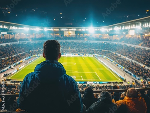soccer player ready to sub Crowded stadium, at night Naples