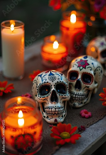 a close up of a table with candles and skulls Generative ai 