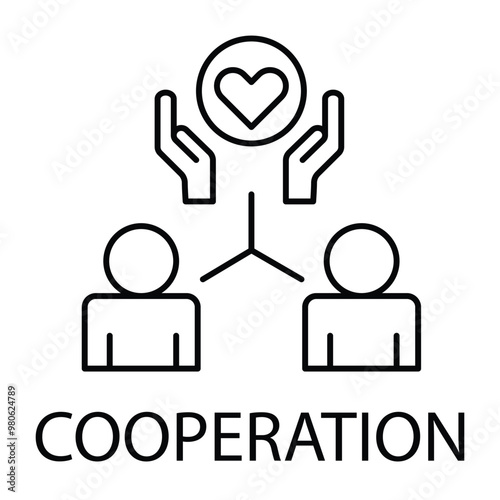 Vector icon for cooperation. Three people with hearts, representing teamwork, mutual support, and collaborative effort in monoline style.