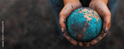 A pair of hands hold a textured, dirty globe, symbolizing environmental care and connection to Earth. Nature meets humanity.