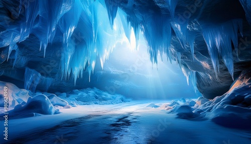 ice cave, with shimmering blue ice formations, icicles glistening under the sunlight, and hidden tunnels beauty in nature art