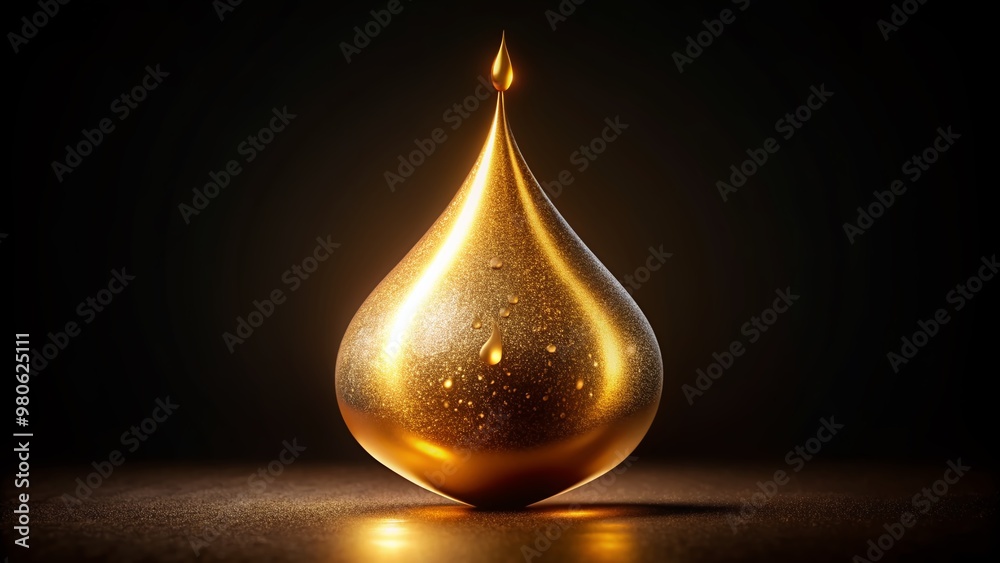 Fototapeta premium Luxurious golden serum gel drop glistens on a sleek black background, showcasing its smooth, glossy texture and mesmerizing droplet shape, evoking feelings of high-end skincare.