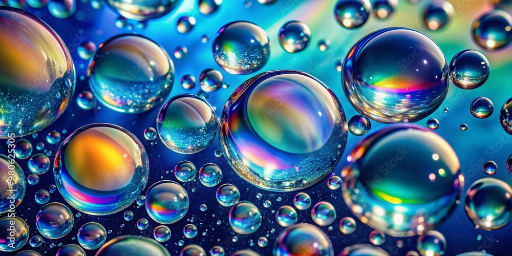 Macro view of iridescent water droplets or oil bubbles glisten on a serene blue background, forming a mesmerizing panorama of refracted light and color. Macro view of iridescent water droplets or oil bubbles glisten on a serene blue background, forming a mesmerizing panorama of refracted light and color.