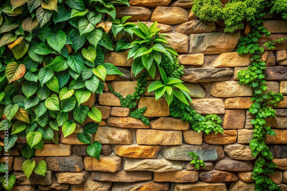 Natural stone wall with lush green leaves textured wallpaper, earthy tones, and organic patterns, creating a calming and serene ambiance in an outdoor setting. Natural stone wall with lush green leaves textured wallpaper, earthy tones, and organic patterns, creating a calming and serene ambiance in an outdoor setting.