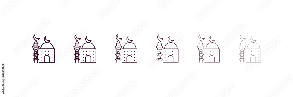 Obraz premium mosque and minaret outline icon. Linear vector from religion concept. 6 different line style mosque and minaret icon included thin, light, regular, medium, bold, black