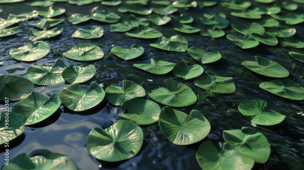 Lush green lily pads floating serenely on tranquil water at dusk in a peaceful natural setting Lush green lily pads floating serenely on tranquil water at dusk in a peaceful natural setting
