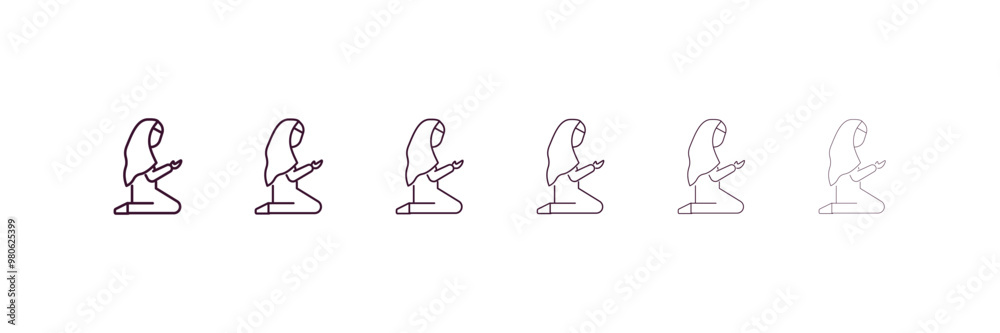 muslim woman praying outline icon. Linear vector from religion concept. 6 different line style muslim woman praying icon included thin, light, regular, medium, bold, black muslim woman praying outline icon. Linear vector from religion concept. 6 different line style muslim woman praying icon included thin, light, regular, medium, bold, black