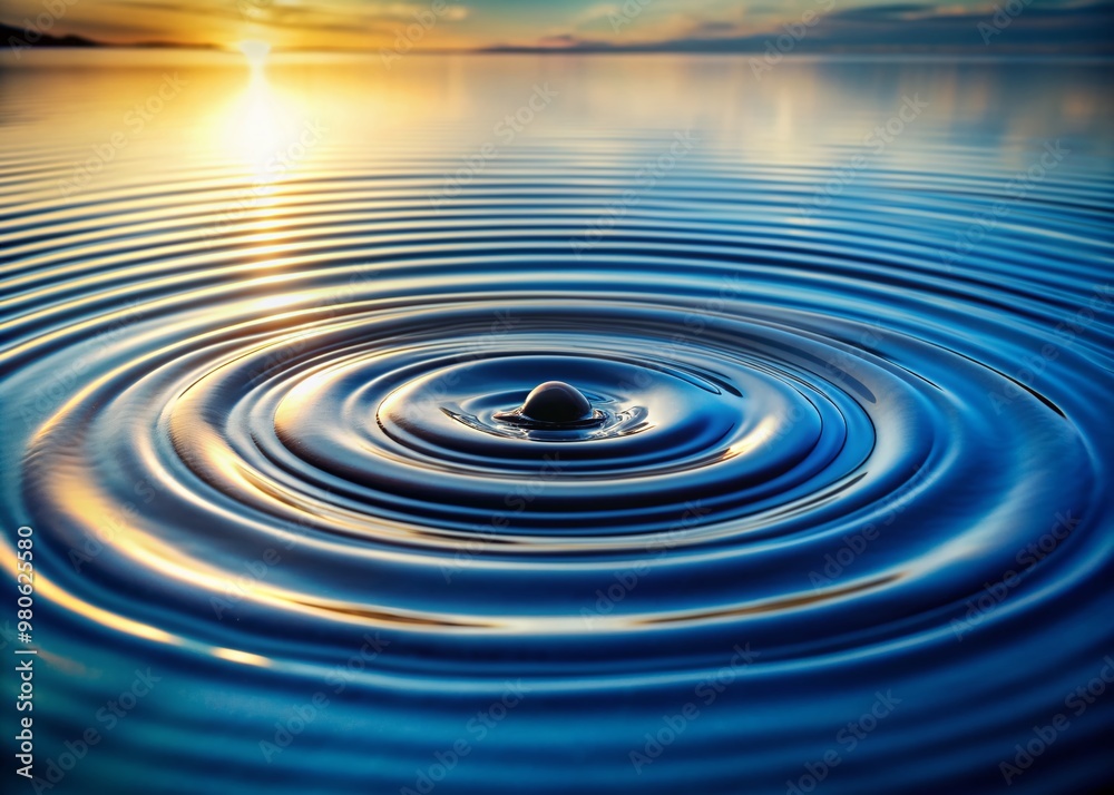 Circular wave pattern formed by single water droplet creating ripples on calm water surface, capturing mesmerizing optical illusion of concentric circles. Circular wave pattern formed by single water droplet creating ripples on calm water surface, capturing mesmerizing optical illusion of concentric circles.